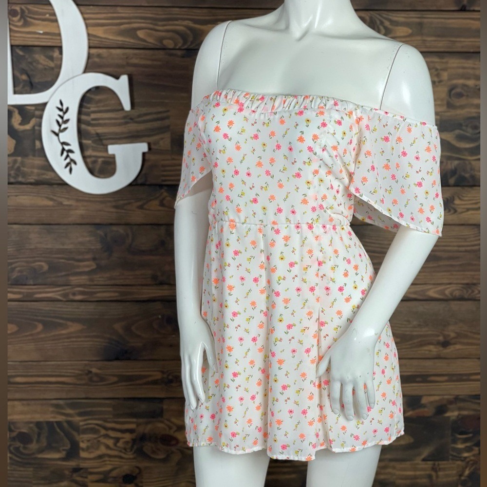 Trixxi | Off Shoulder Romper Vibrant Neon Multicolored Floral‎ Pattern Design